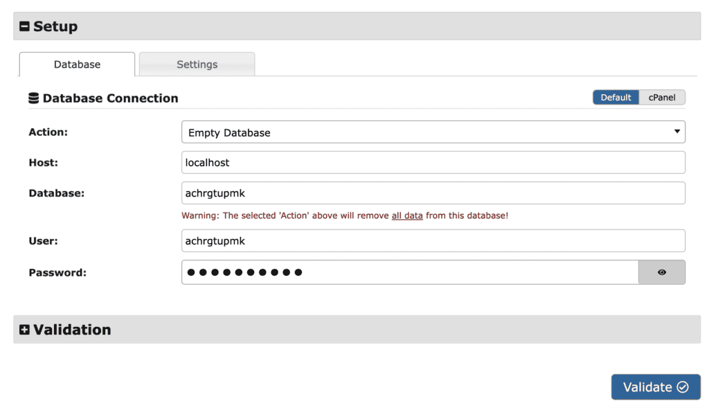 Database setup on duplicator installer